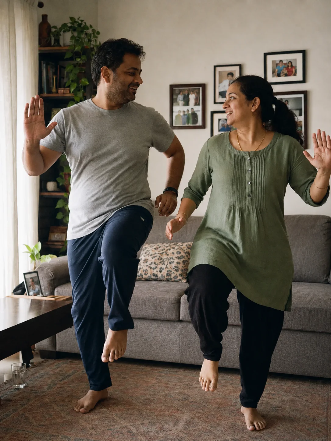 An Indian couple practicing gentle aerobics together in their living room, mid-step and laughing
