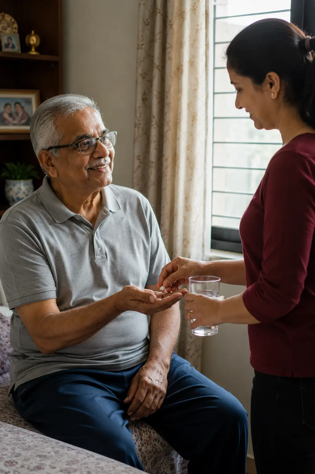An adult daughter helping her elderly mother with her daily medicines at home