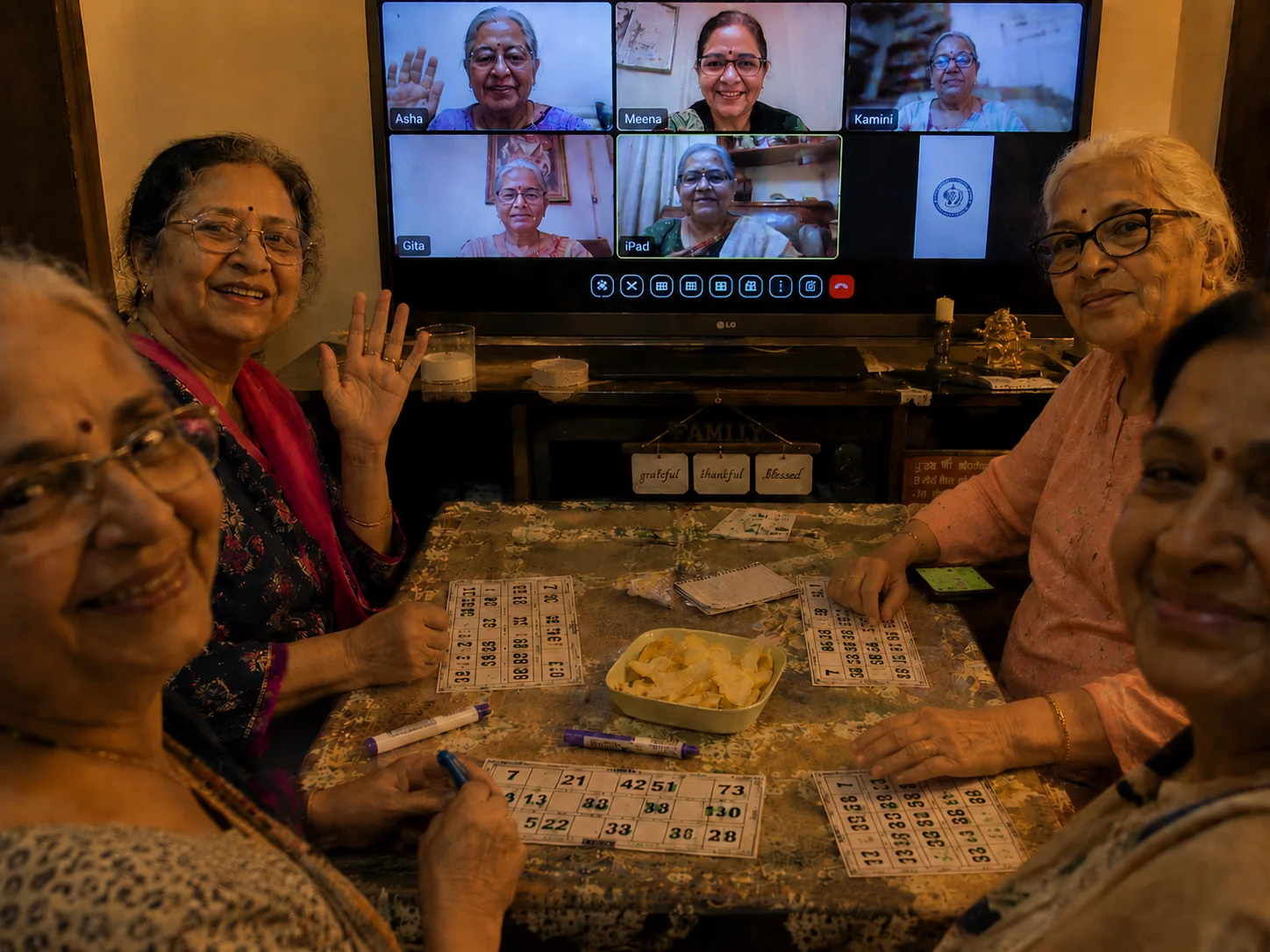Elderly friends playing live Tambola together over video call